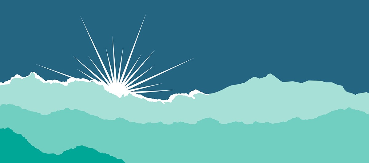 Image of a white sunrise over green mountains